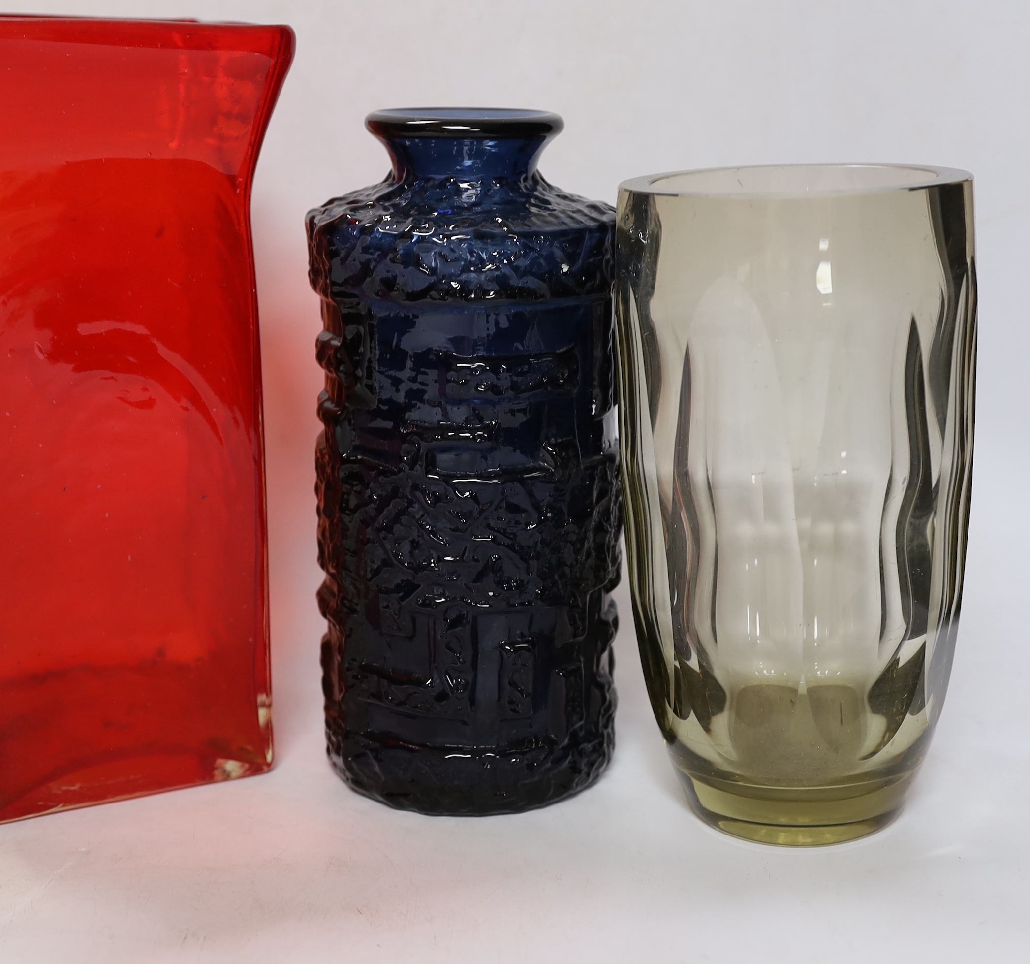 Four Whitefriars coloured glass vases, tallest 24cm